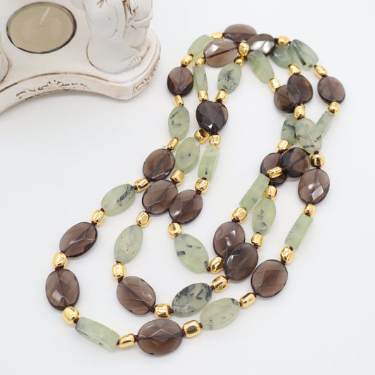 Collana lunga 120 cm in Quarzo Fumé e Prehnite naturale