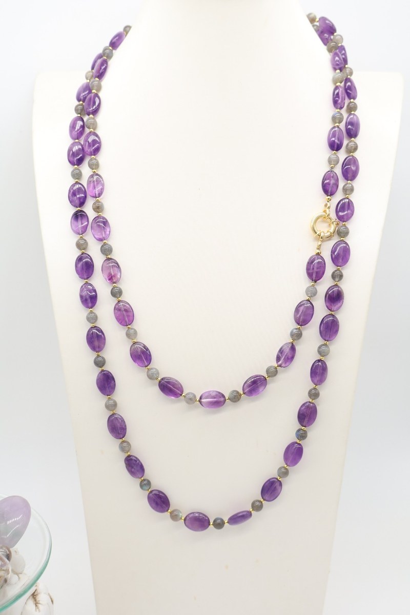 Collana lunga 140 cm in ametista e labradorite di alta qualità con gancio in argento dorato