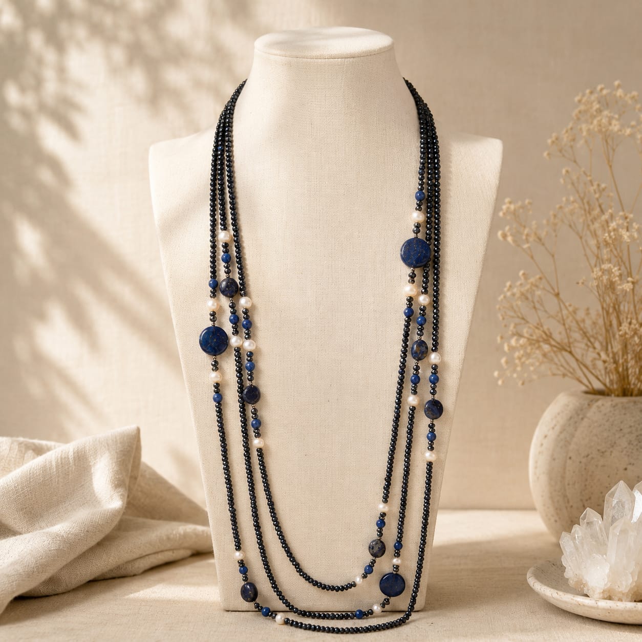 Collana lunga a tre fili con lapislazzuli, perle di fiume Eterea Natural Stone
