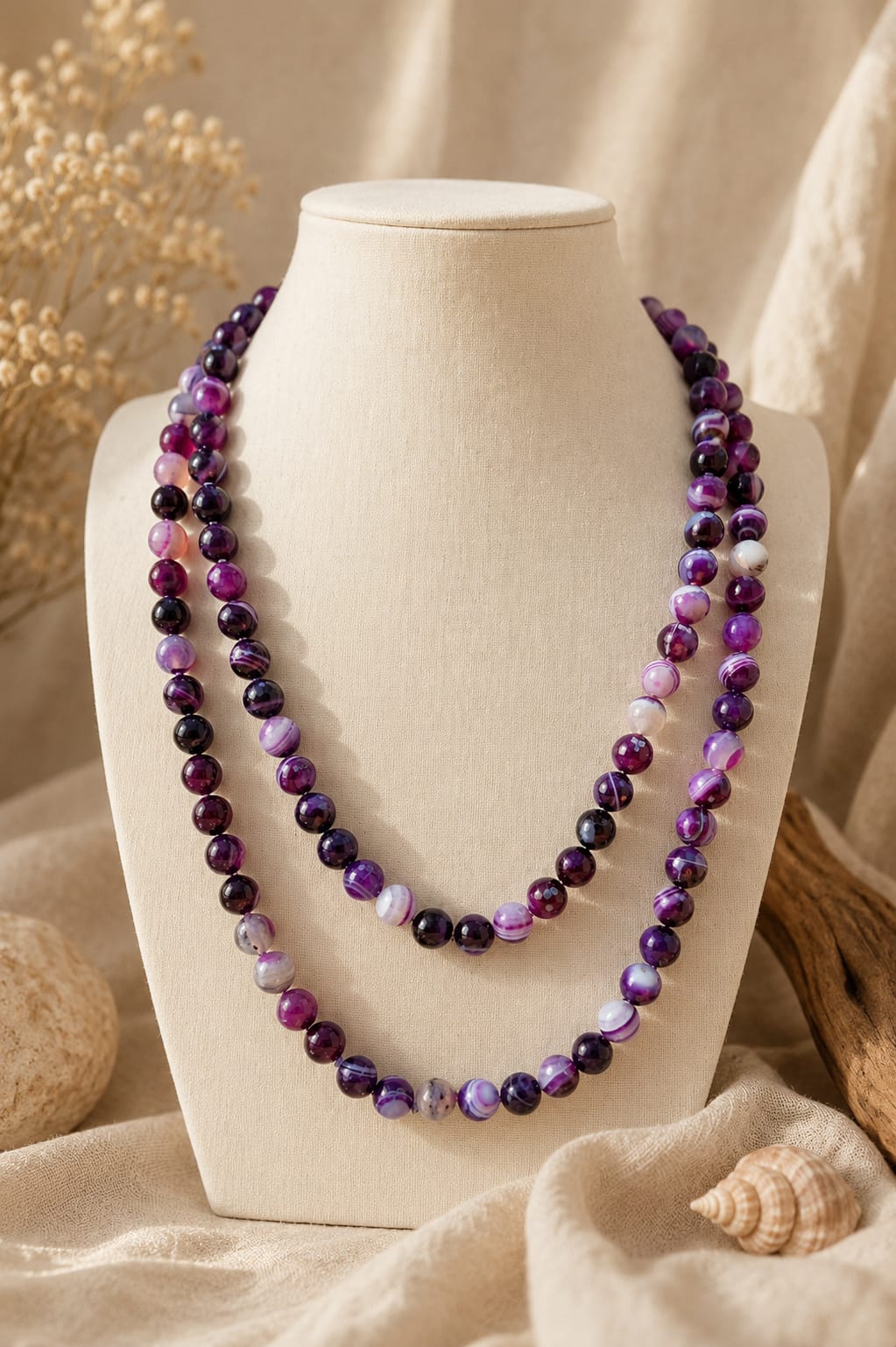 Collana lunga in Agata Viola Striata sfaccettata da 10 mm, annodata a mano, lunga 120 cm, Eterea Natural Stone.