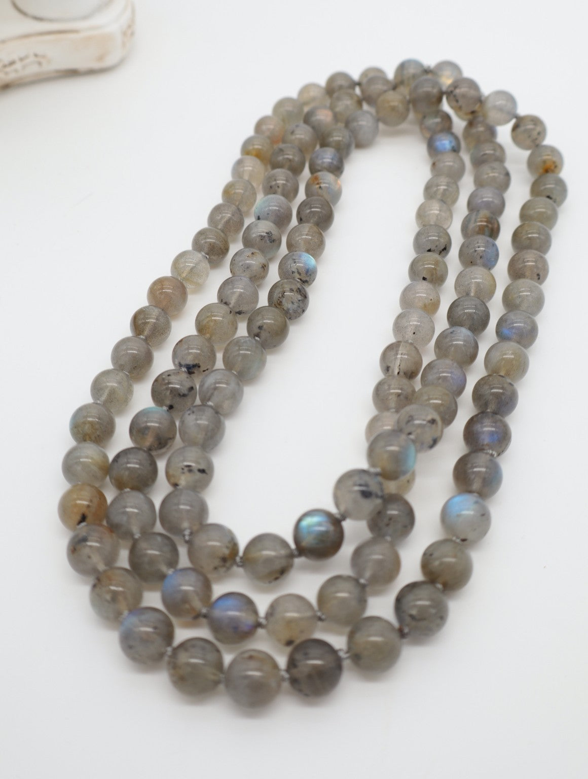 Collana lunga in Labradorite naturale da 10 mm, 120 cm, annodata a mano