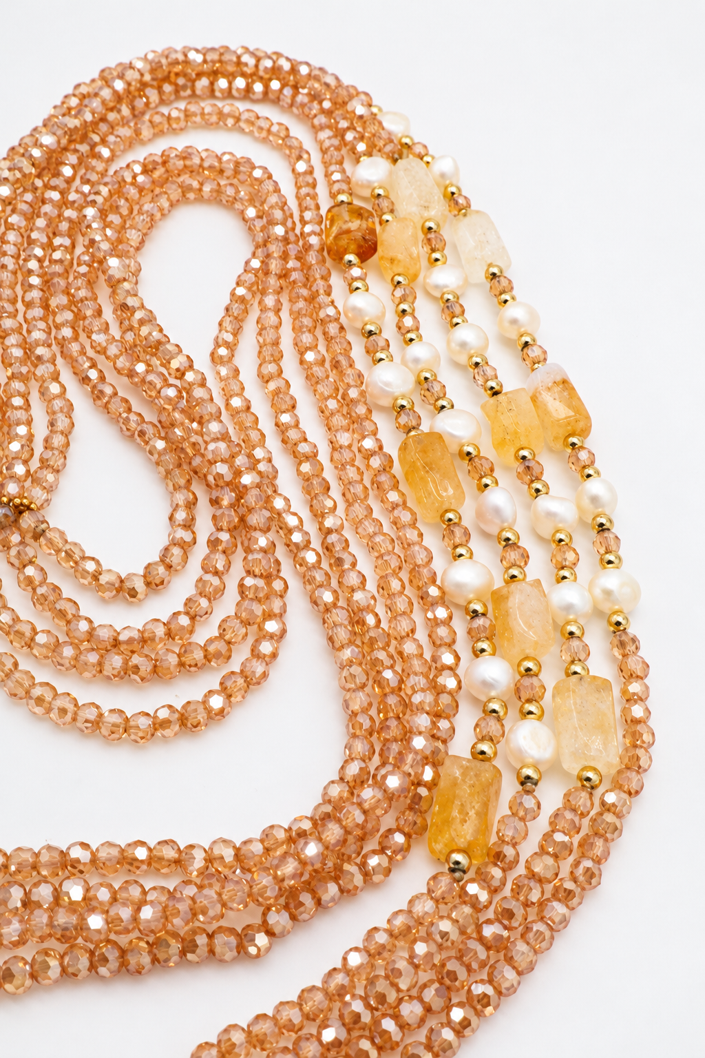 Collana multifilo da 90 cm con cinque fili di cristalli sfaccettati color champagne da 3 mm, citrino