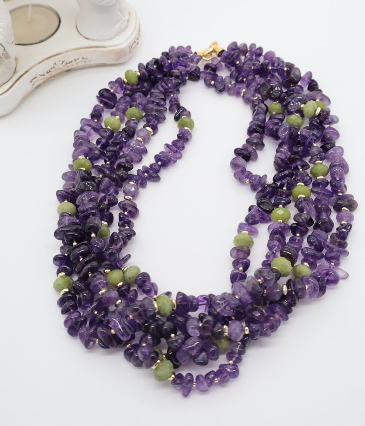 Collana multifilo in Ametista e Giada verde con chiusura in Argento 925 dorato
