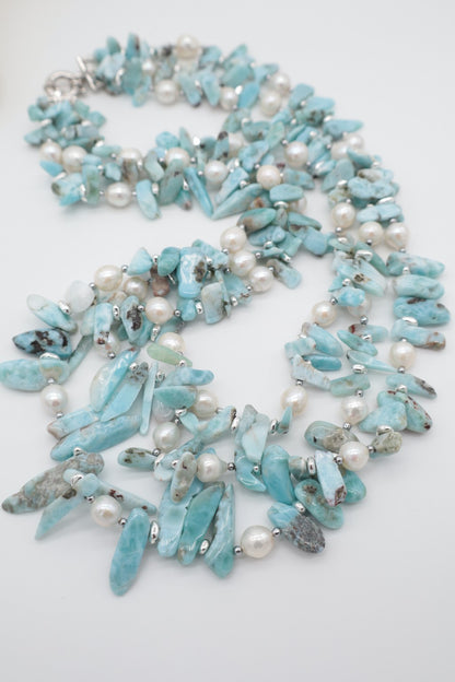 Collana multifilo in Larimar naturale e perle d'acqua dolce con chiusura in Argento 925 - Eterea Natural Stone