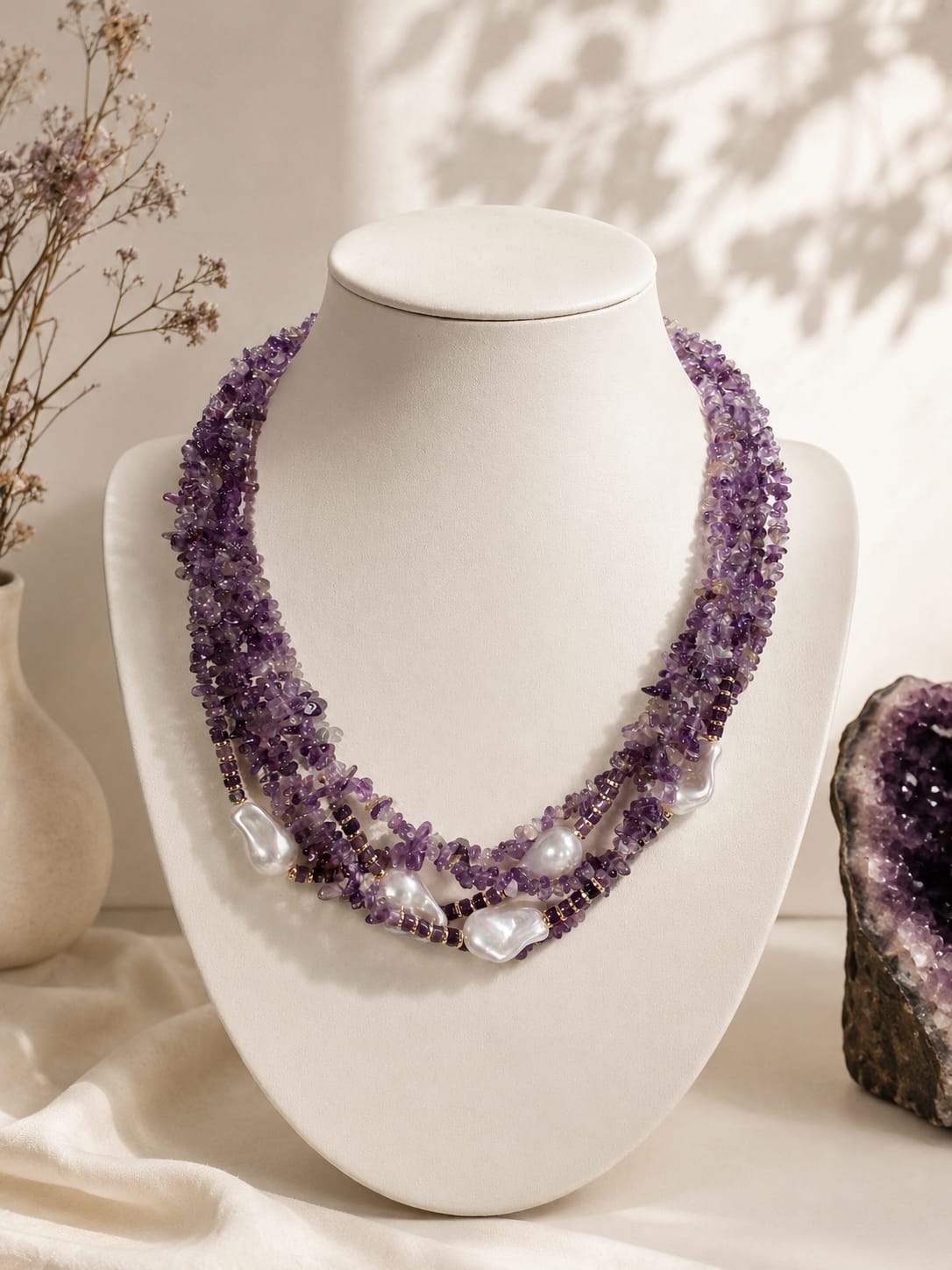 Collana multifilo in ametista e perle barocche – 55 cm Eterea Natural Stone