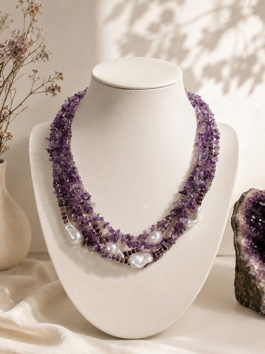 Collana multifilo in ametista e perle barocche – 55 cm Eterea Natural Stone