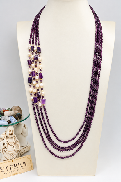 Collana multifilo viola con ametista e perle | Eterea