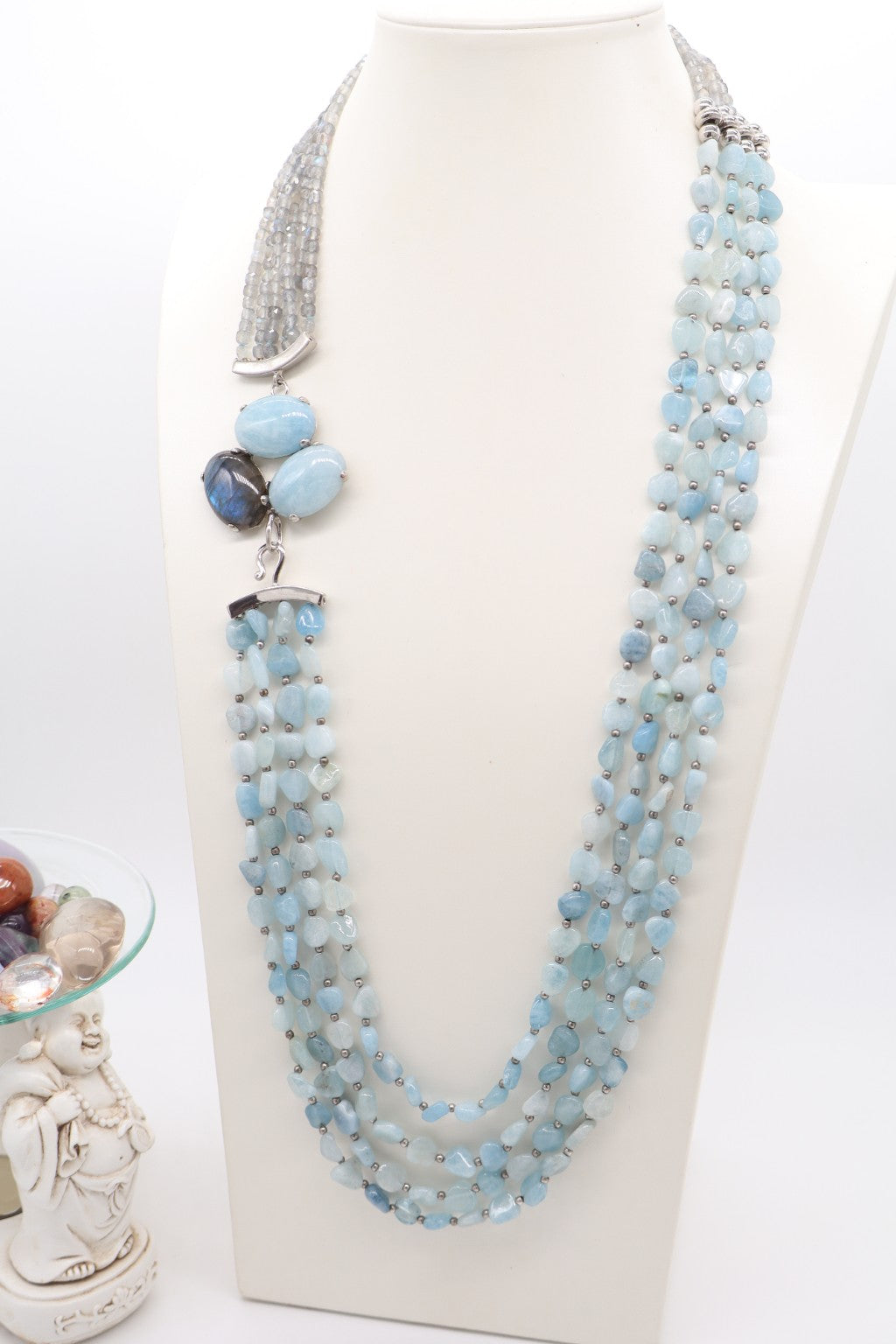 Collana quattro fili in acquamarina con labradorite naturale e chiusura in argento