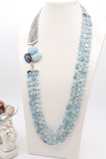 Collana quattro fili in acquamarina con labradorite naturale e chiusura in argento