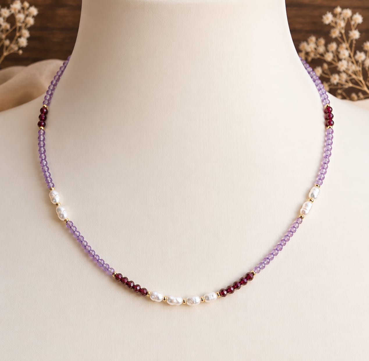 Girocollo Ametista, Granato e Perle d'Acqua Dolce Eterea Natural Stone