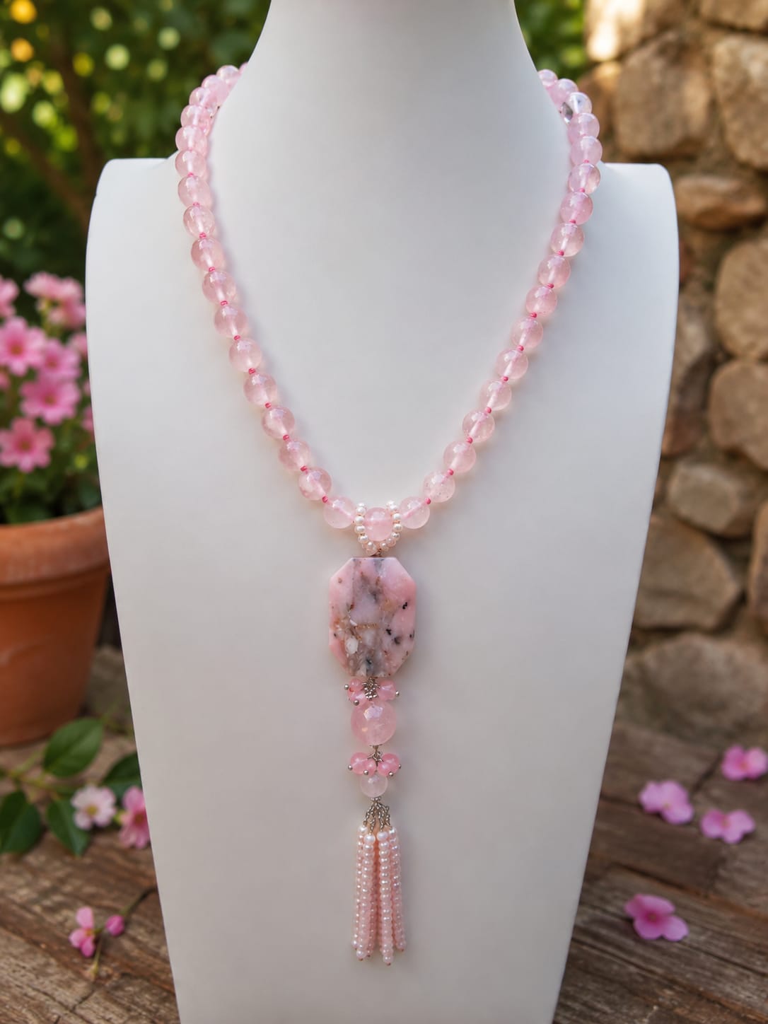 Girocollo Quarzo Rosa e Opale Rosa con Ciondolo e Nappa di Cristalli – 55 cm Eterea Natural Stone
