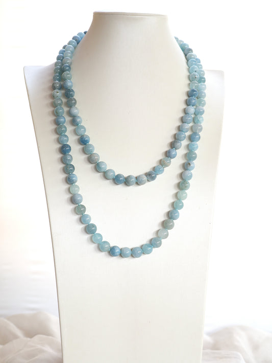 Collana Lunga in Acquamarina Naturale 120 cm – Sfere 10 mm