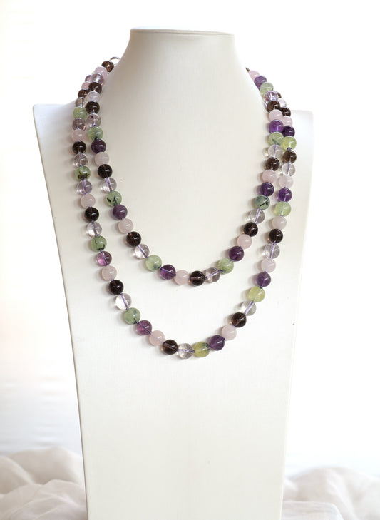Collana Lunga Annodata 120 cm in Ametista, Prehnite, Quarzo Rosa, Quarzo Fumé e Cristallo di Rocca – Pietre Naturali da 11 mm