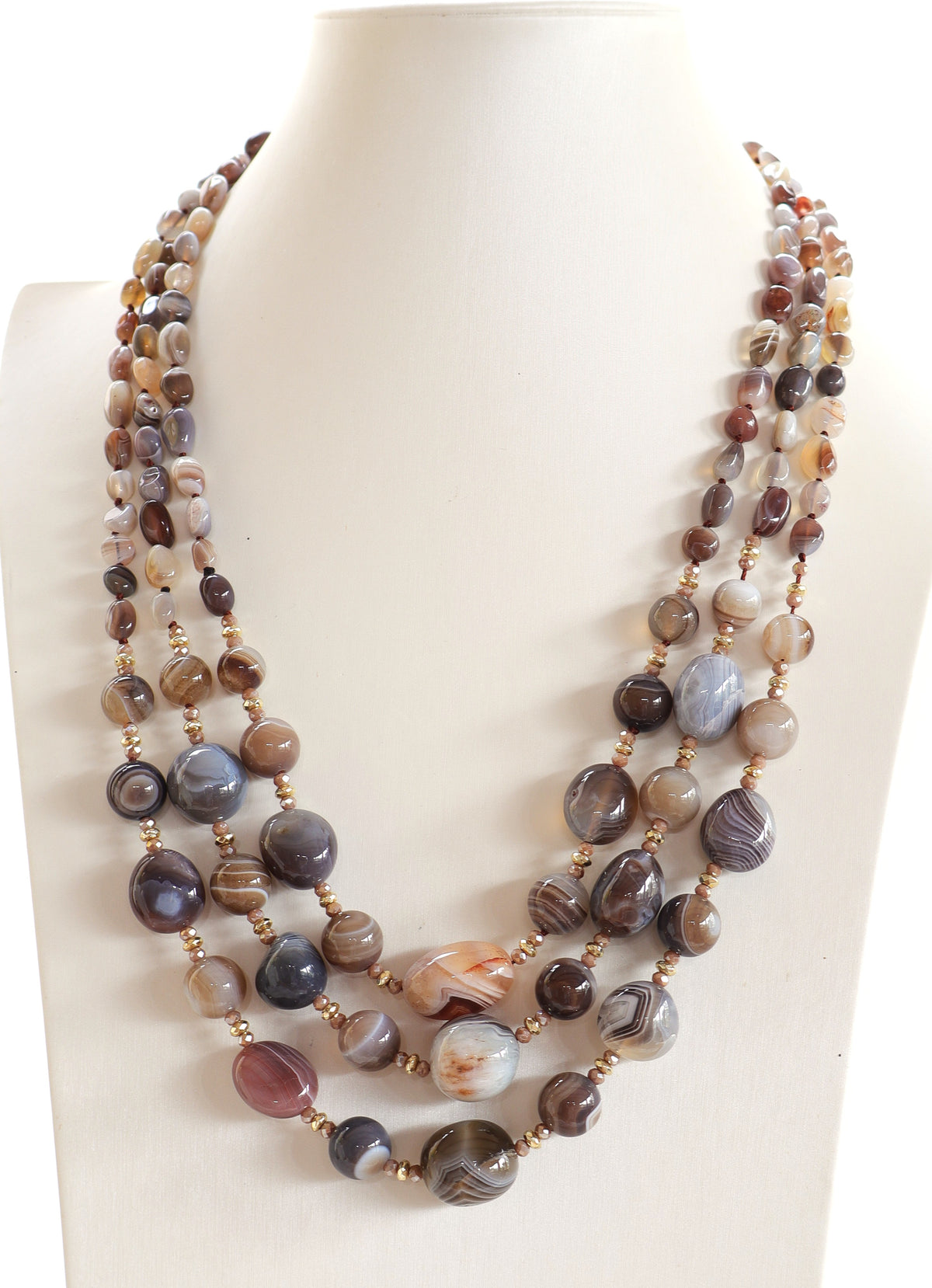 Collana Multifilo 3 Fili in Agata Botswana e Cristalli Naturali – 75 cm