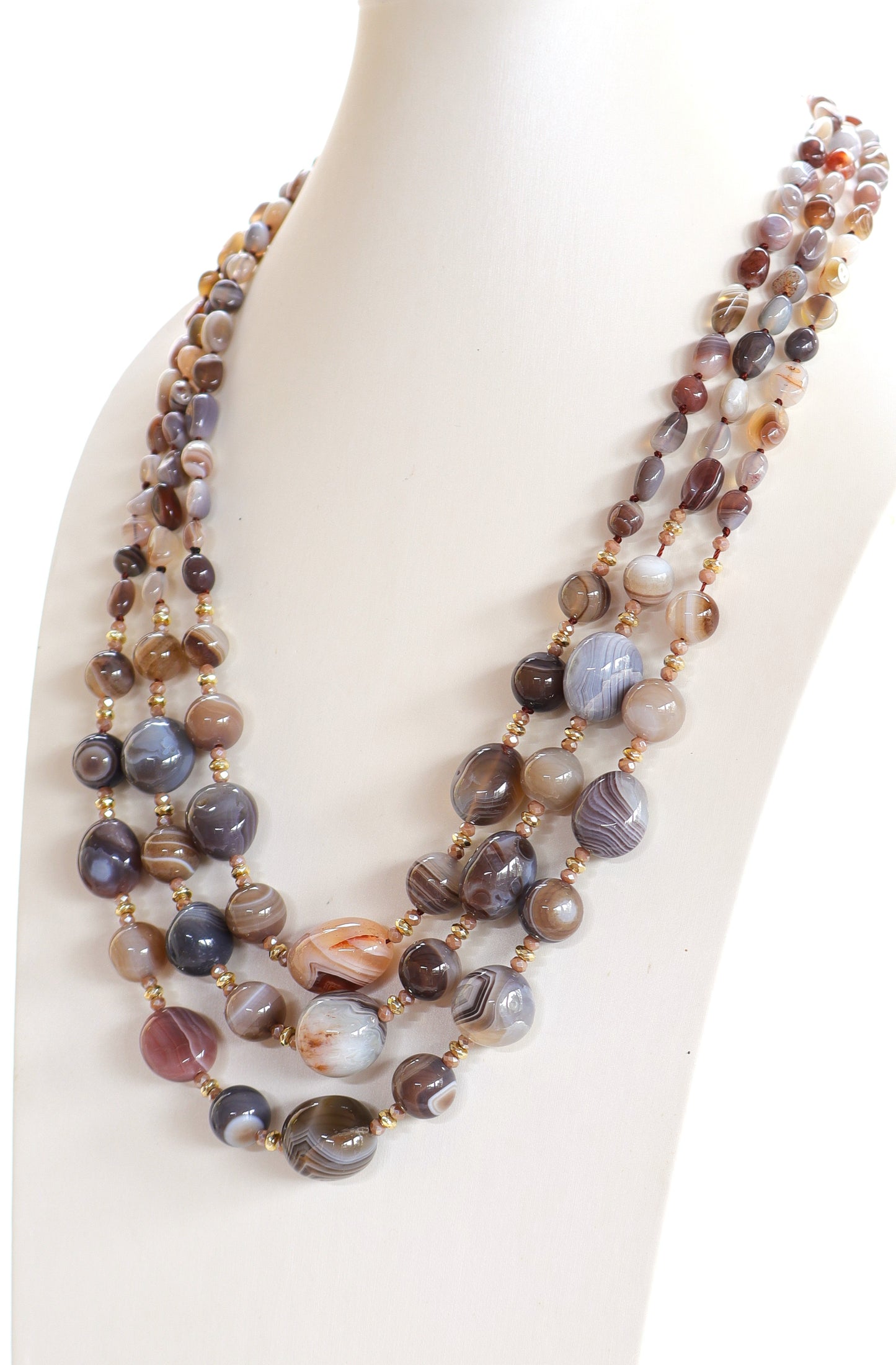Collana Multifilo 3 Fili in Agata Botswana e Cristalli Naturali – 75 cm