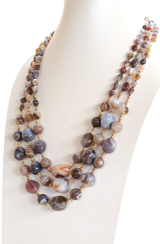 Collana Multifilo 3 Fili in Agata Botswana e Cristalli Naturali – 75 cm