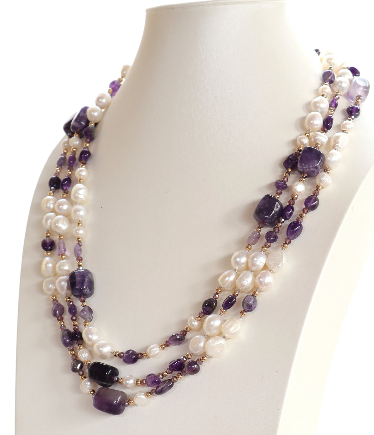 Collana Multifilo in Ametista e Perle d’Acqua Dolce – 3 Fili – 70 cm