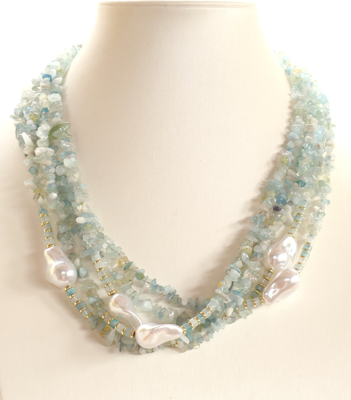 Collana Multi filo 5 Fili in Acquamarina e Perle Barocche