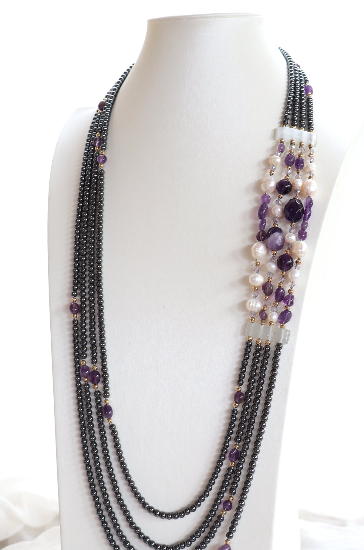 Collana Multifilo in Ematite con Ametista e Perle di Fiume – 90 cm