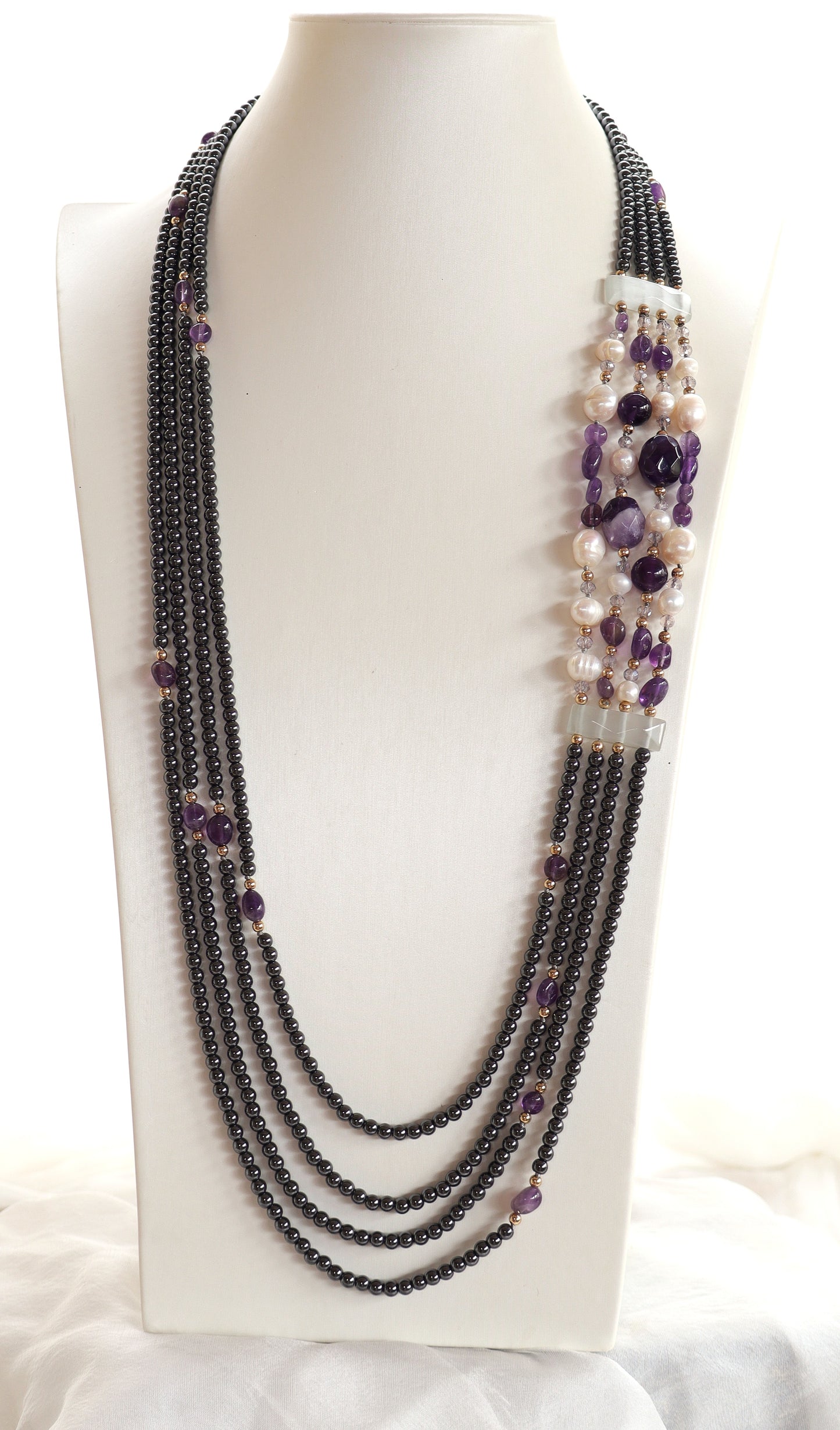 Collana Multifilo in Ematite con Ametista e Perle di Fiume – 90 cm
