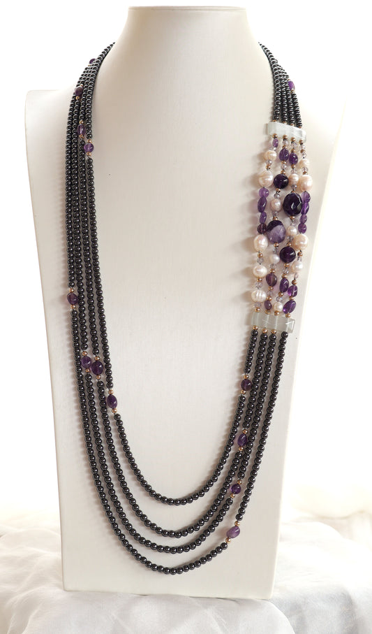 Collana Multifilo in Ematite con Ametista e Perle di Fiume – 90 cm