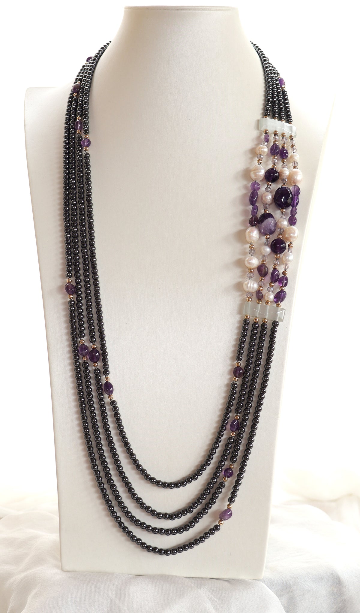 Collana Multifilo in Ematite con Ametista e Perle di Fiume – 90 cm