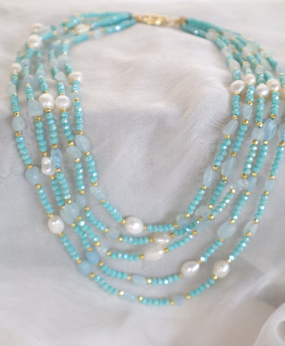 Collier multifils aigue-marine, perles d'eau douce et cristaux azur | Eterea Natural Stone