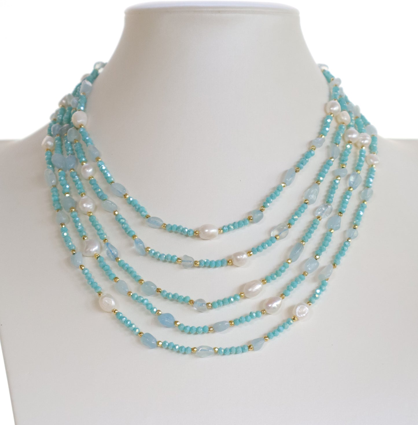 Collana Multifilo Acquamarina, Perle d'Acqua Dolce e Cristalli Azzurri | Eterea Natural Stone