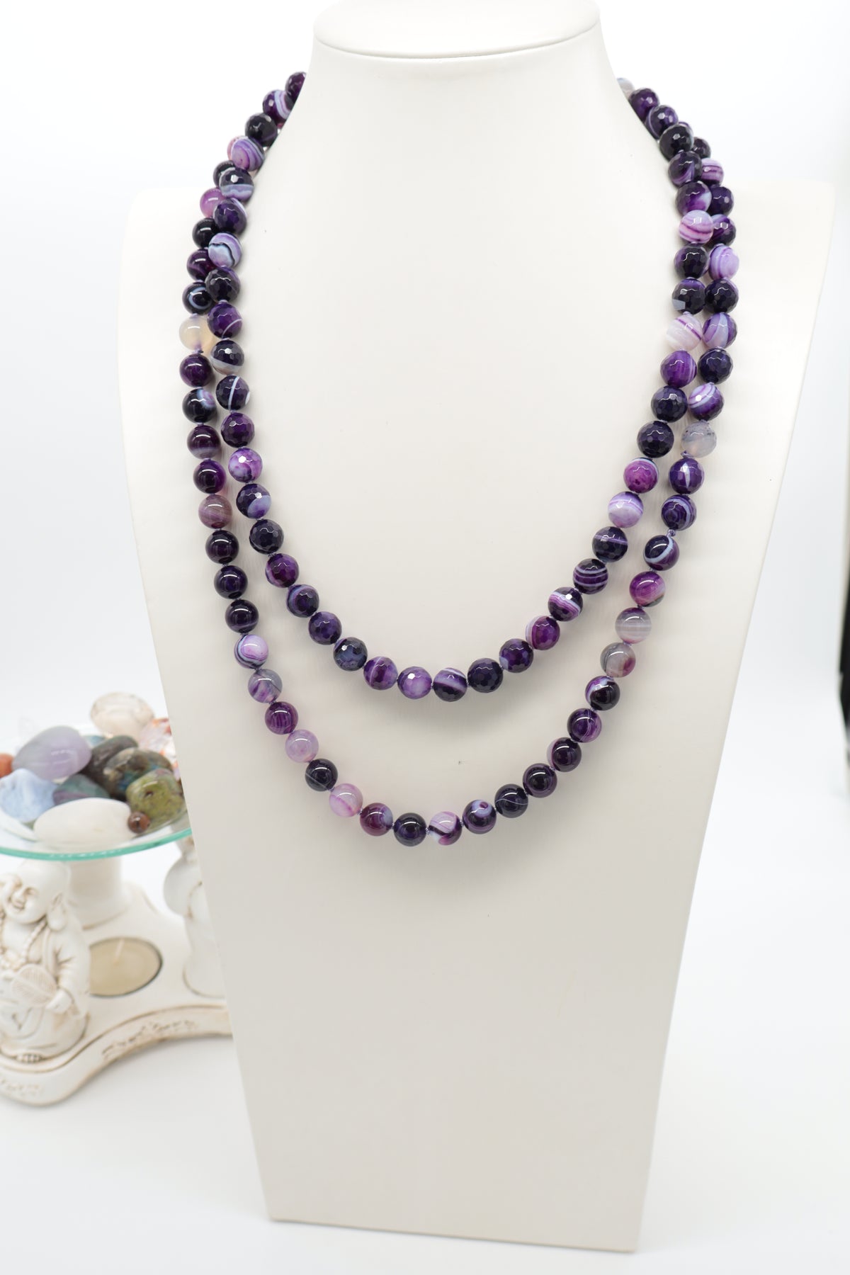 Collana Lunga 120 cm in Agata Viola Striata Sfaccettata 10 mm