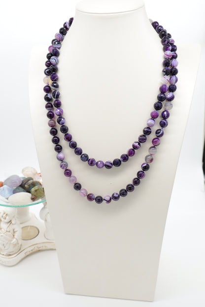 Collana Lunga 120 cm in Agata Viola Striata Sfaccettata 10 mm