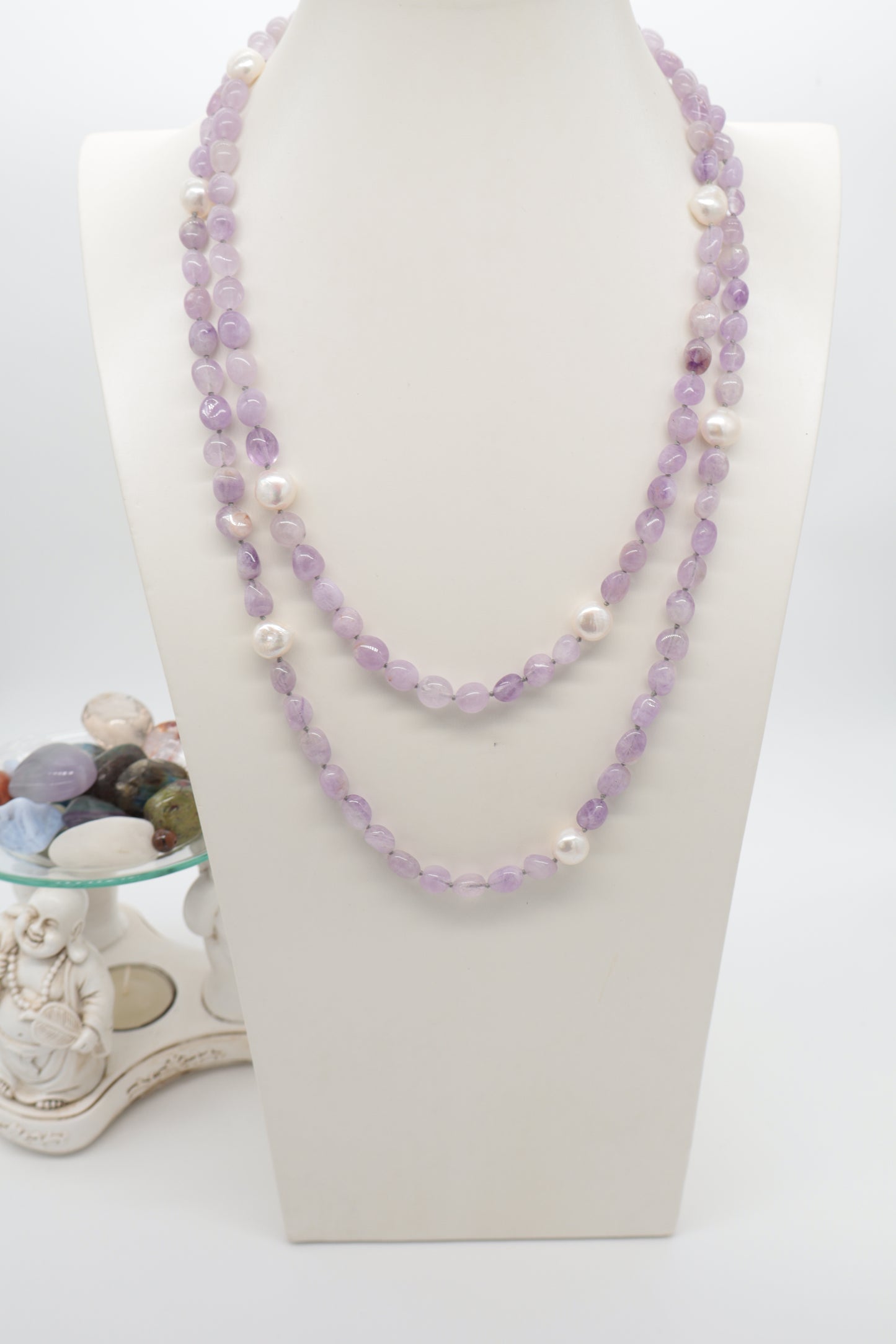 Collana Ametista Lavanda e Perle Naturali – 120 cm
