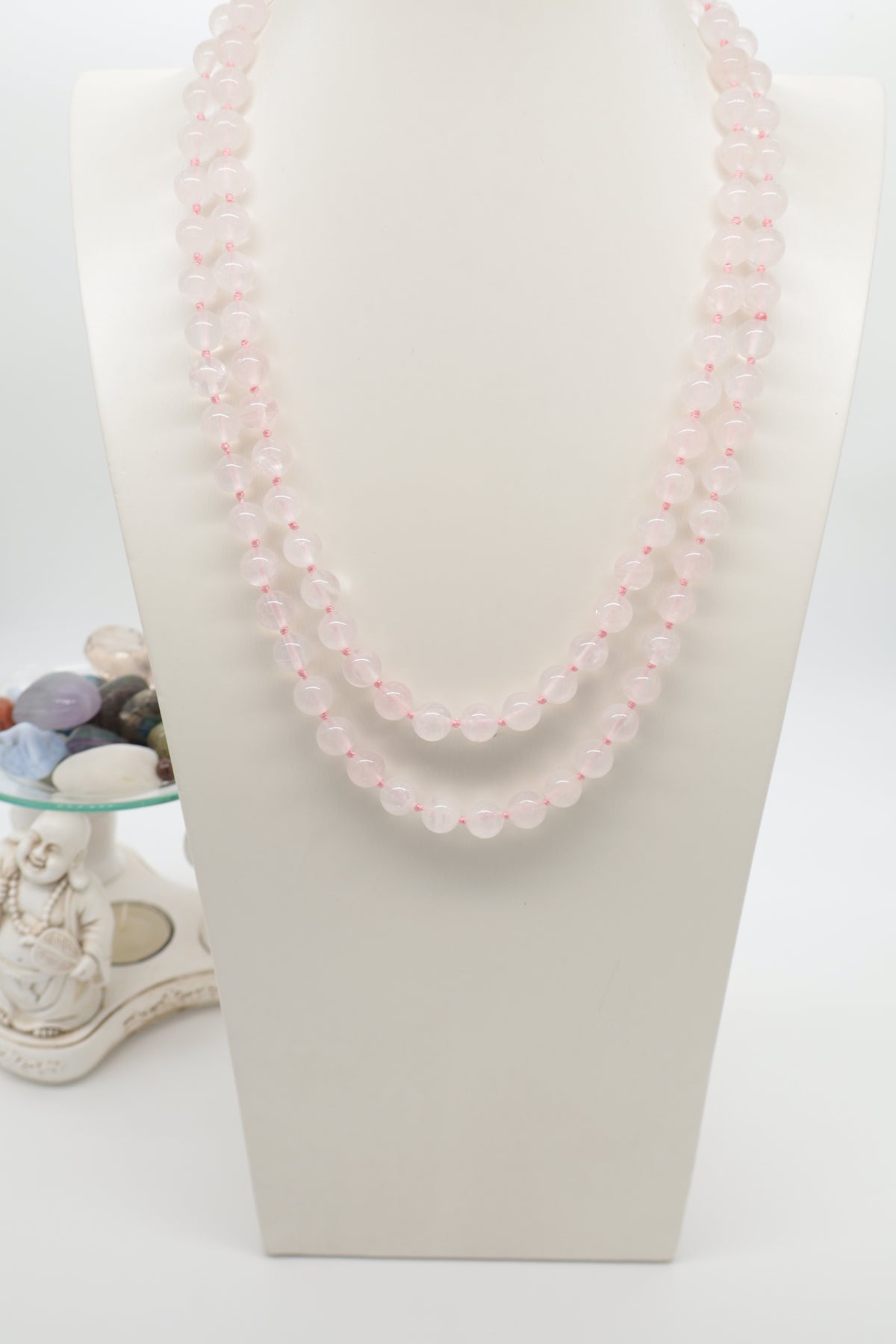 Collana Lunga in Quarzo Rosa Naturale 120 cm – Pietre Sferiche da 10 mm Annodate a Mano