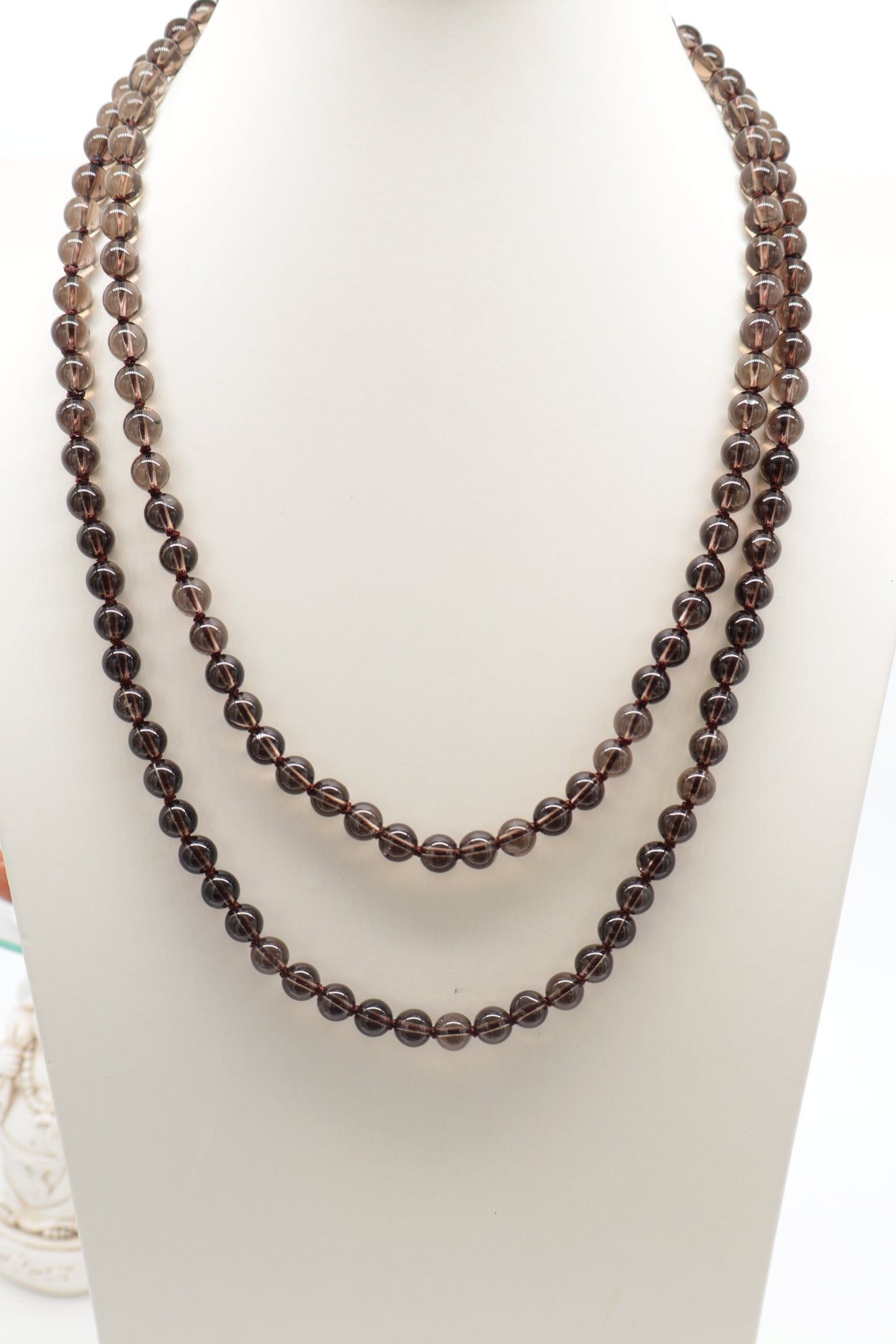 Collana Lunga in Quarzo Fumé Naturale 8 mm – Annodata a Mano – 120 cm