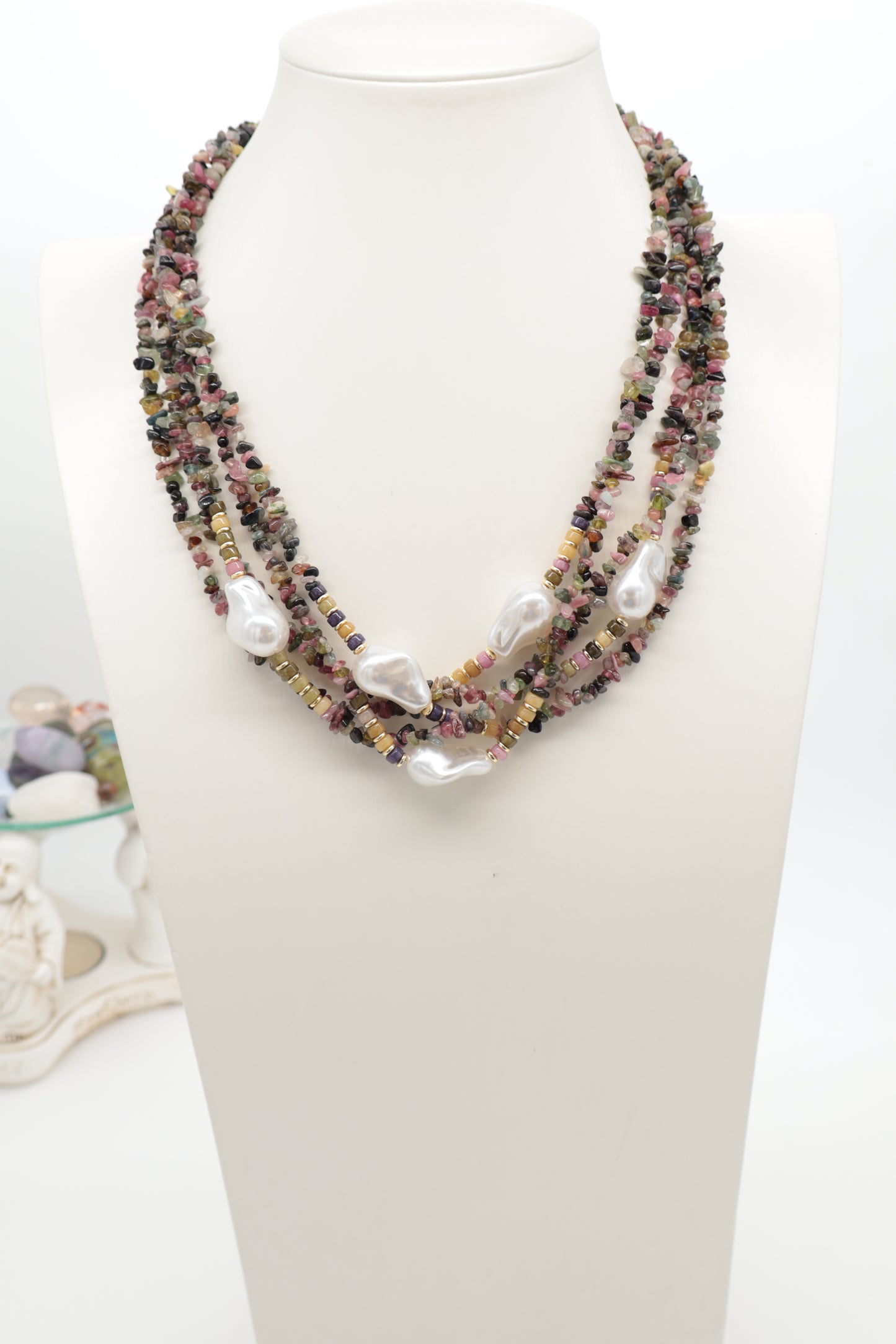 Collana multi filo in Tormalina Multi color con Perle Barocche – 55 cm