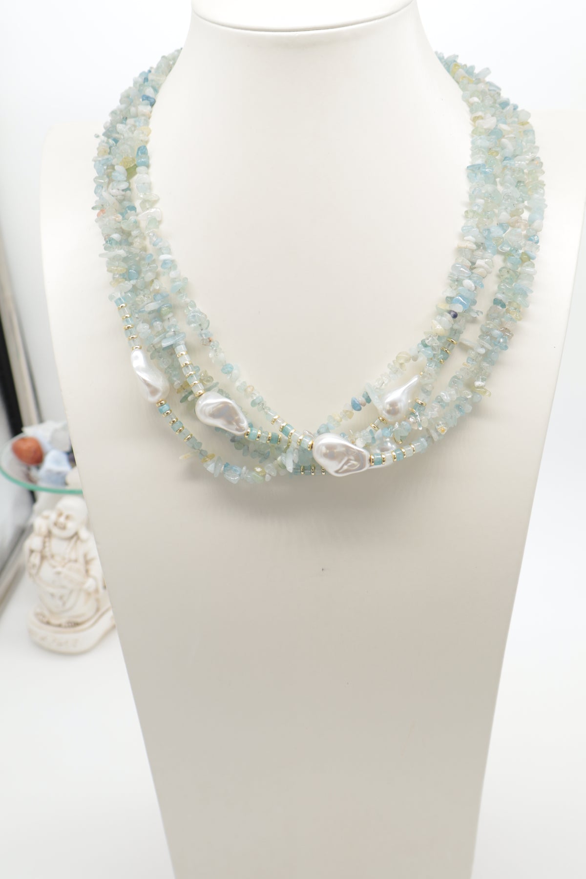 Collana Multi filo 5 Fili in Acquamarina e Perle Barocche