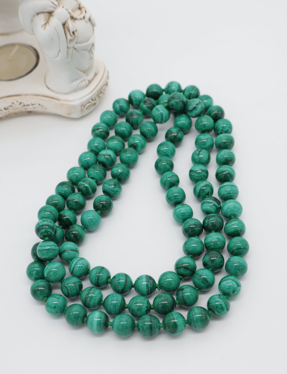 Collana Annodata in Malachite Naturale – Sfere 14 mm – 120 cm