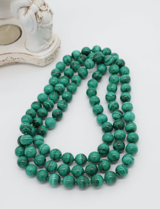 Collana Annodata in Malachite Naturale – Sfere 14 mm – 120 cm