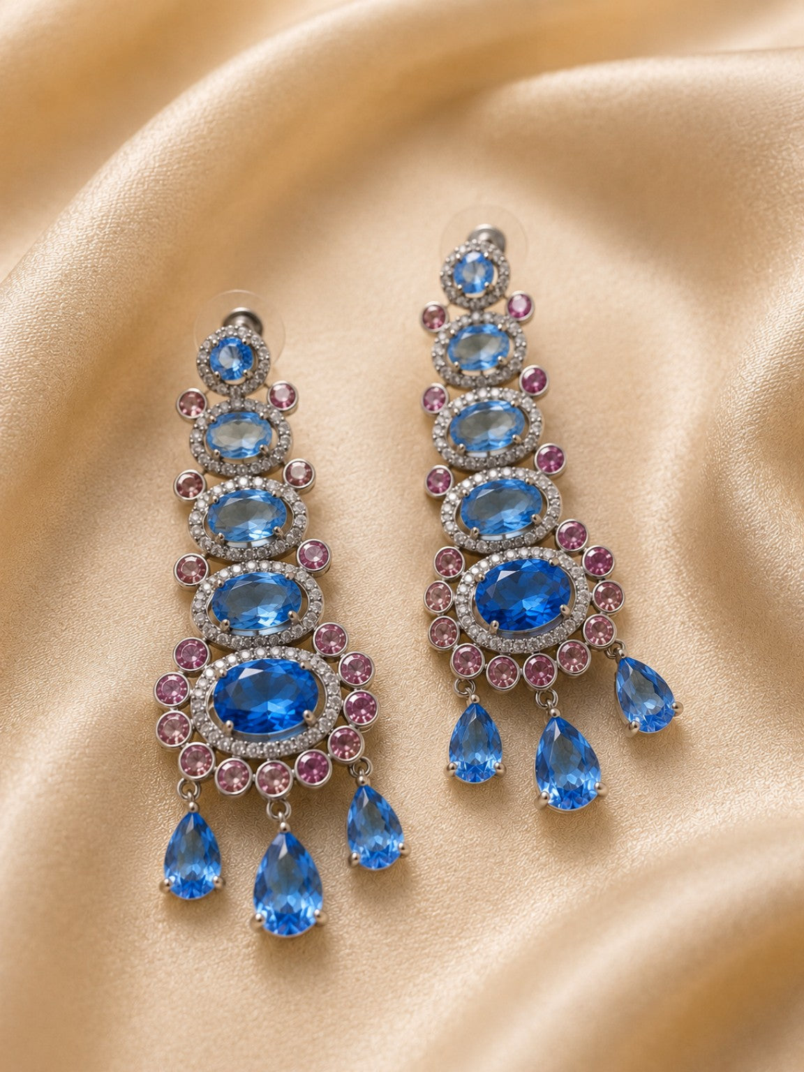 Orecchini Chandelier Azzurro Zaffiro e Rosa con Cristalli CZ | Eterea Natural Stone