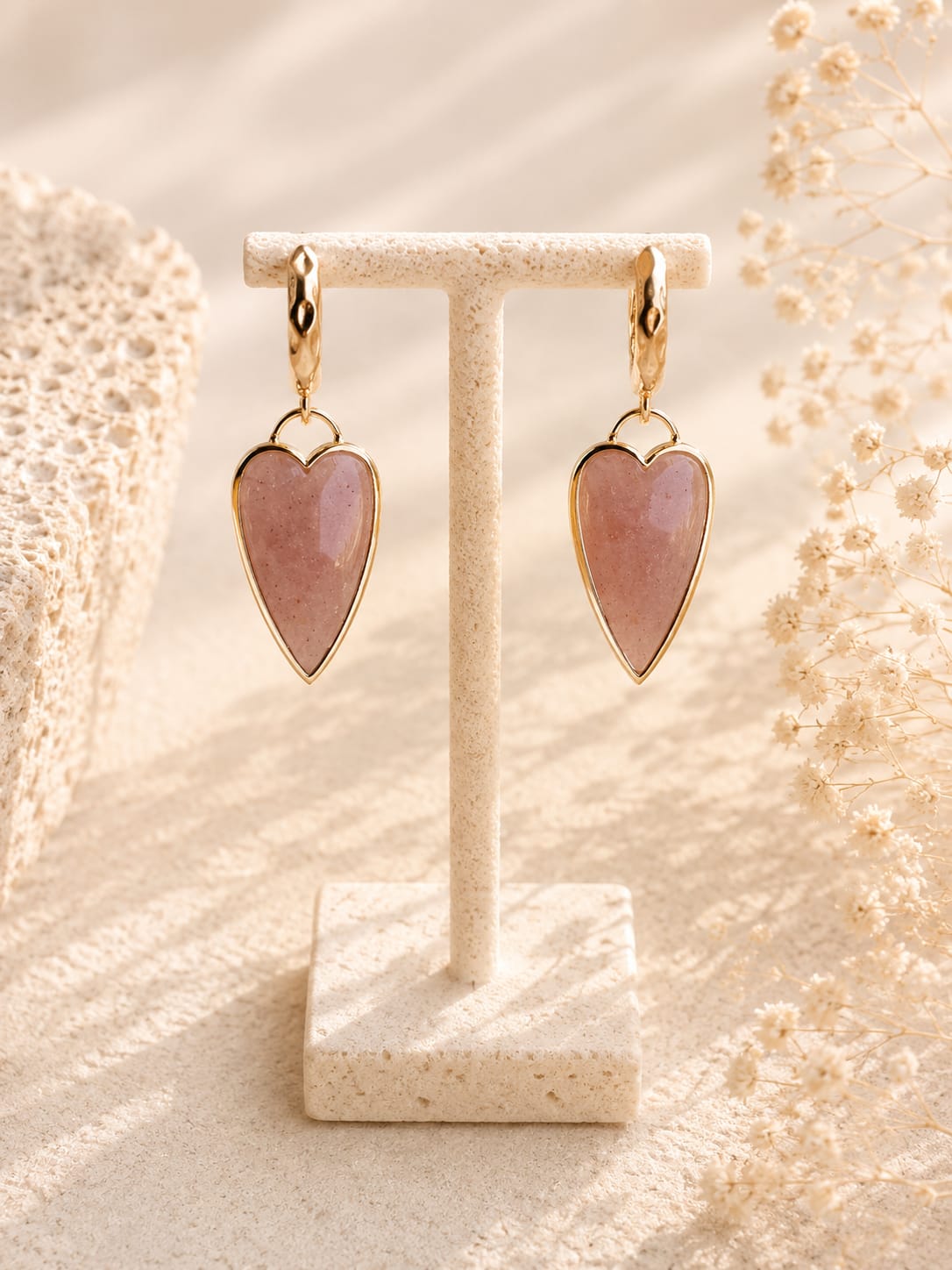 Orecchini Cuore in Quarzo Rosa Fragola Naturale Eterea Natural Stone