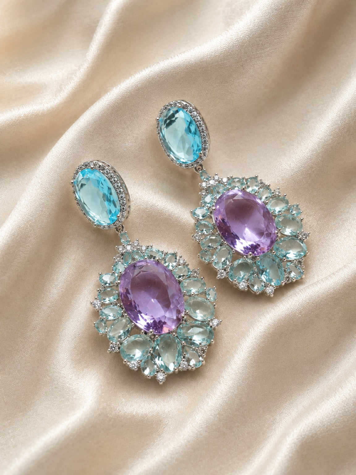 Orecchini Pendenti Celeste e Lilla con Cristalli CZ | Eterea Natural Stone