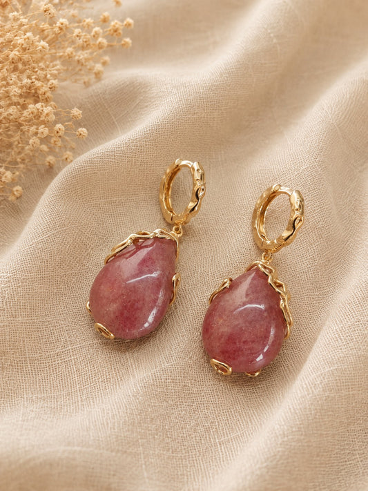 Orecchini Quarzo Rosa Fragola | Pendenti Bronzo Dorato | Eterea Natural Stone