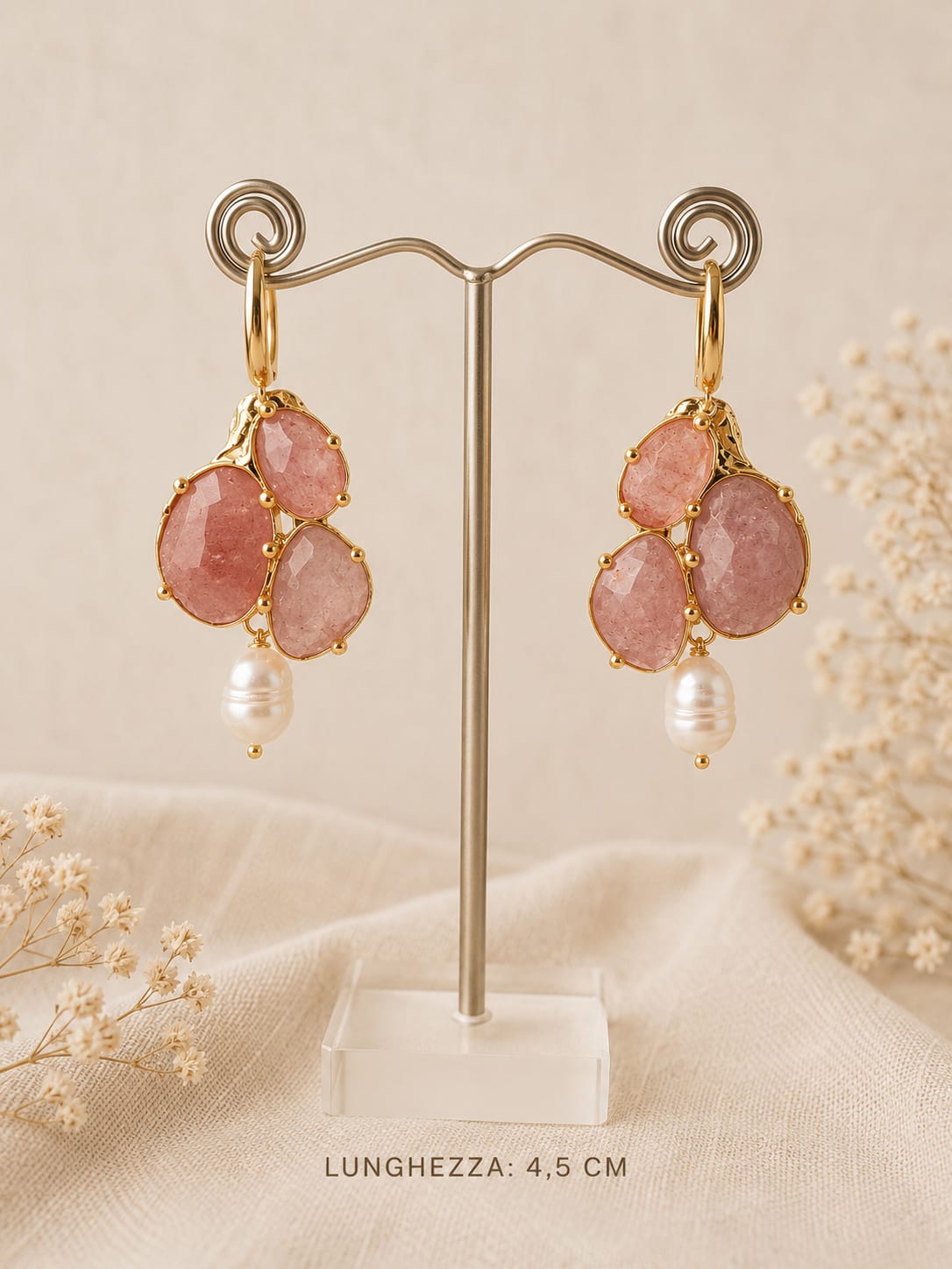 Orecchini Quarzo Rosa Fragola e Perla | Eterea