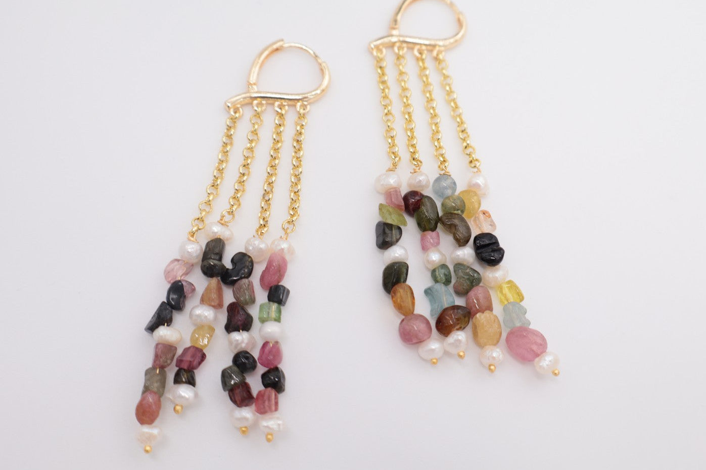 Orecchini a Cascata con Tormalina Multicolor e Perle Naturali – Bronzo Dorato