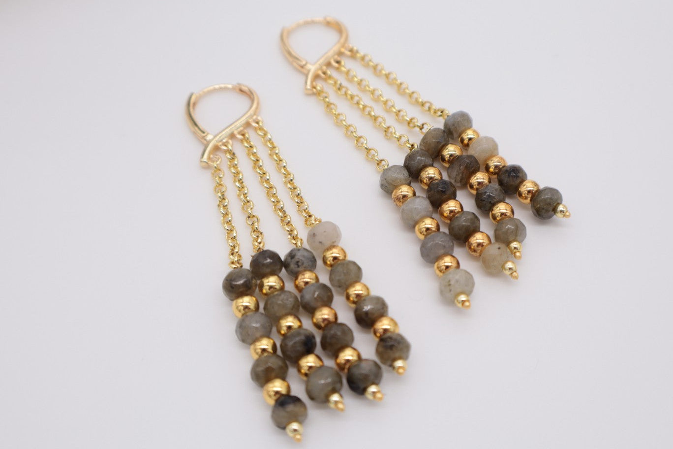 Orecchini a Cascata in Labradorite Sfaccettata – Bronzo Dorato