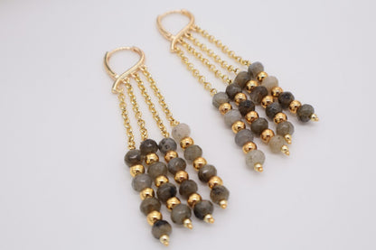 Orecchini a Cascata in Labradorite Sfaccettata – Bronzo Dorato
