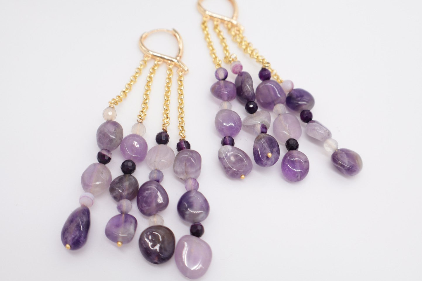 Orecchini a cascata in Ametista e Agata Viola Striata – Bronzo dorato
