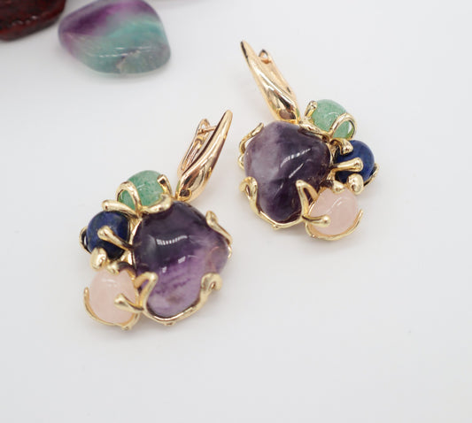 Orecchini a grappolo in fluorite viola e mix di quarzi naturali
