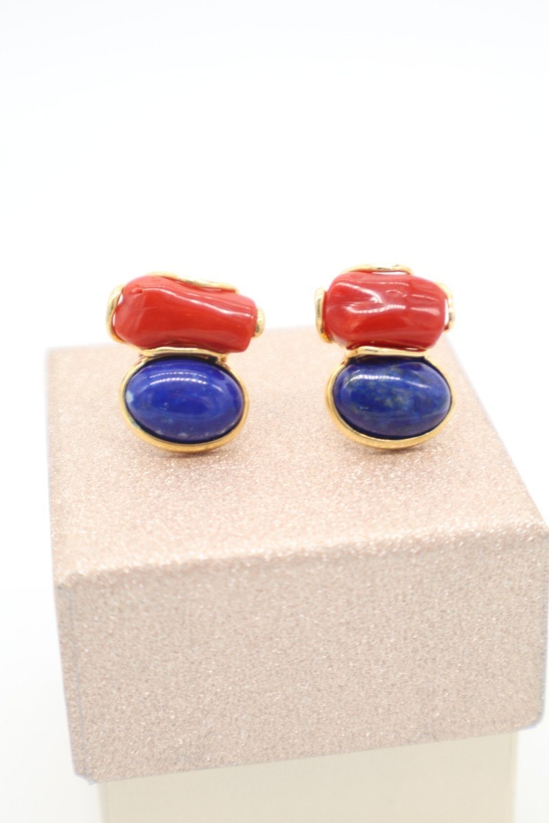 Orecchini in Argento 925 Placcato Oro con Corallo e Lapislazzuli