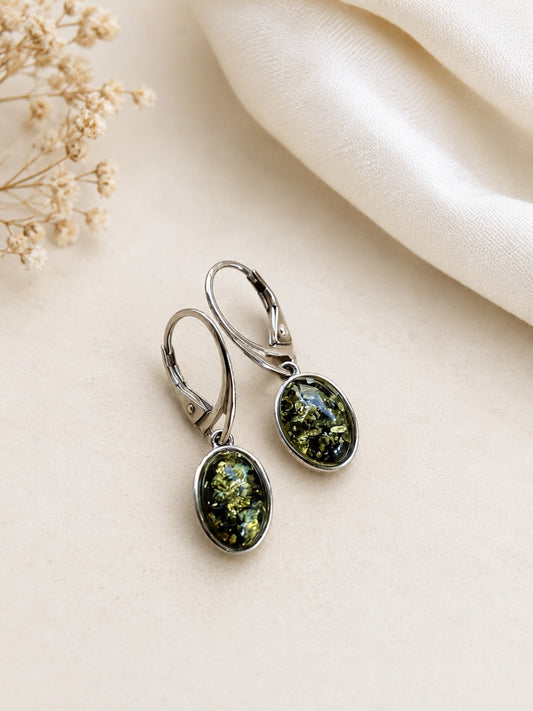 Orecchini in Argento 925 con Ambra Baltica Verde – Ovale Eterea Natural Ston