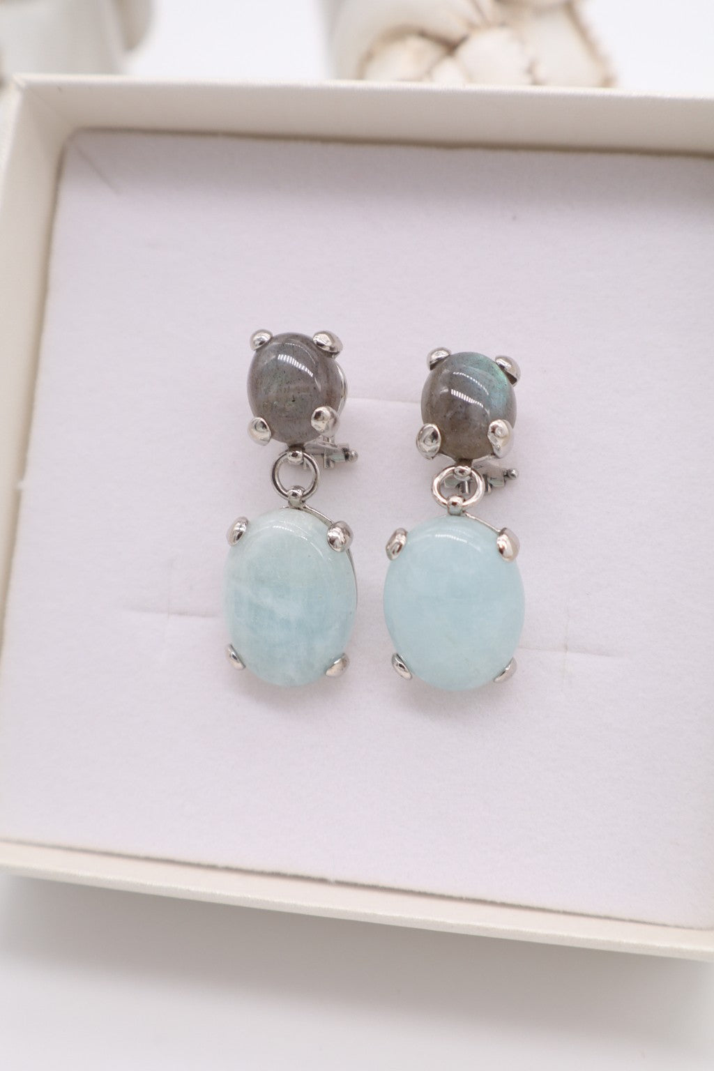 Orecchini pendenti Acquamarina e Labradorite in Argento 925 platinato